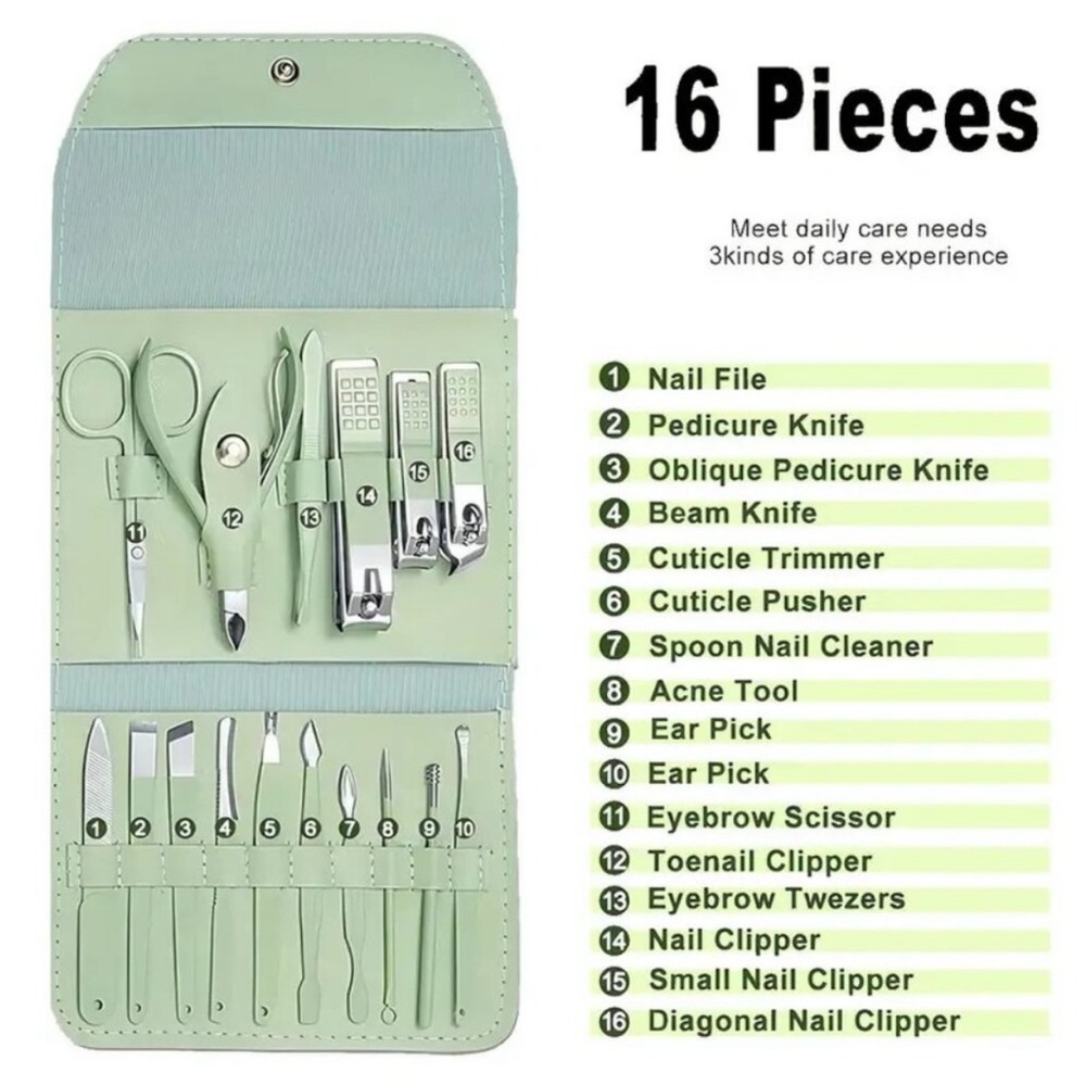 NEW 16 in 1 Mani Pedi Kit Green Snap close case
